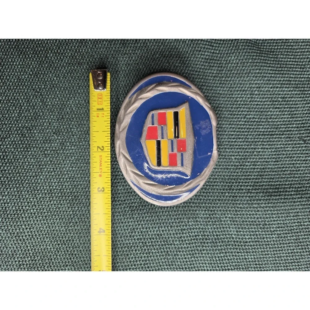 Vintage Cadillac Emblem Blue Enamel Classic Car Belt Buckle Silver-Tone